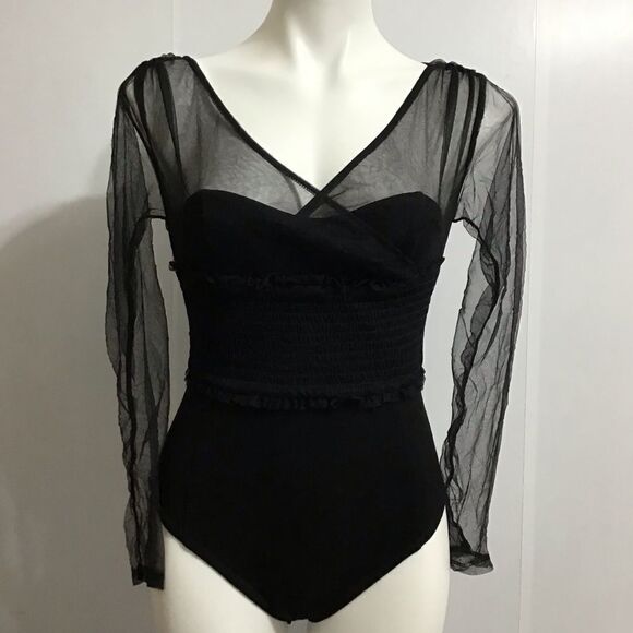 NBD Black Mesh Long Sleeve Bodysuit Sheer Mesh Corset Top Size Small - Picture 13 of 13